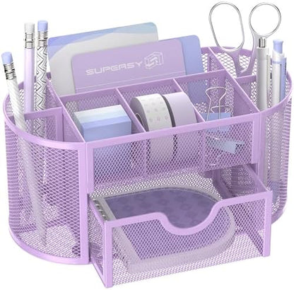 Mesh Desk Organizer with Drawer, 9-Compartment Pen Holder for Desk, Purple