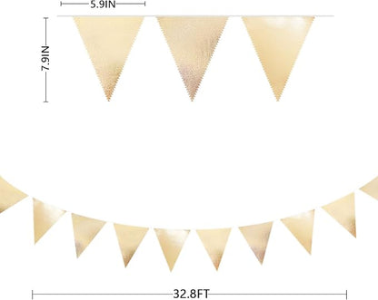 Champagne Gold Party Decoration Metallic Fabric Triangle Pennant Banner Flag Bunting Garland for Birthday Engagement Bridal Shower Wedding Anniversary Graduation Bachelorette Party Decoration Supplies