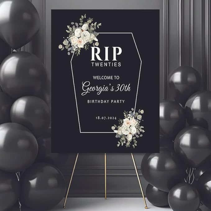 RIP Twenties 30th Birthday Party Welcome Sign, Personalized Funeral for My Youth Custom Decor, Modern Coffin Coffin Frame Floral Welcome Board.