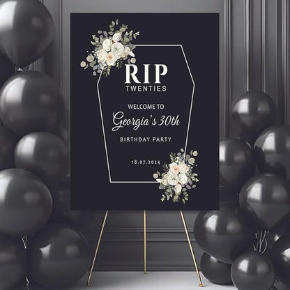 RIP Twenties 30th Birthday Party Welcome Sign, Personalized Funeral for My Youth Custom Decor, Modern Coffin Coffin Frame Floral Welcome Board.