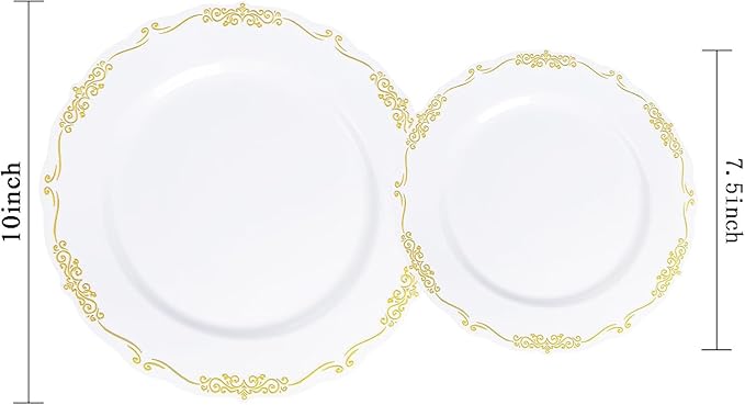 U-QE 100PCS Gold Thanksgiving Plates Disposable - Heavy Duty White and Gold Plates Including 50PCS 10'' Dinner & 50PCS 7.5'' Dessert Plates Perfect for Upscale Party, Wedding