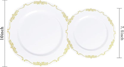 U-QE 100PCS Gold Thanksgiving Plates Disposable - Heavy Duty White and Gold Plates Including 50PCS 10'' Dinner & 50PCS 7.5'' Dessert Plates Perfect for Upscale Party, Wedding