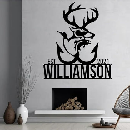 Personalized Deer Hunting Metal Sign, Rustic Antler Wall Art, Black Home Cabin Plaque, Outdoor Christmas Decorations,Custom Wildlife Gift for Men, Hunters and Nature Enthusiasts