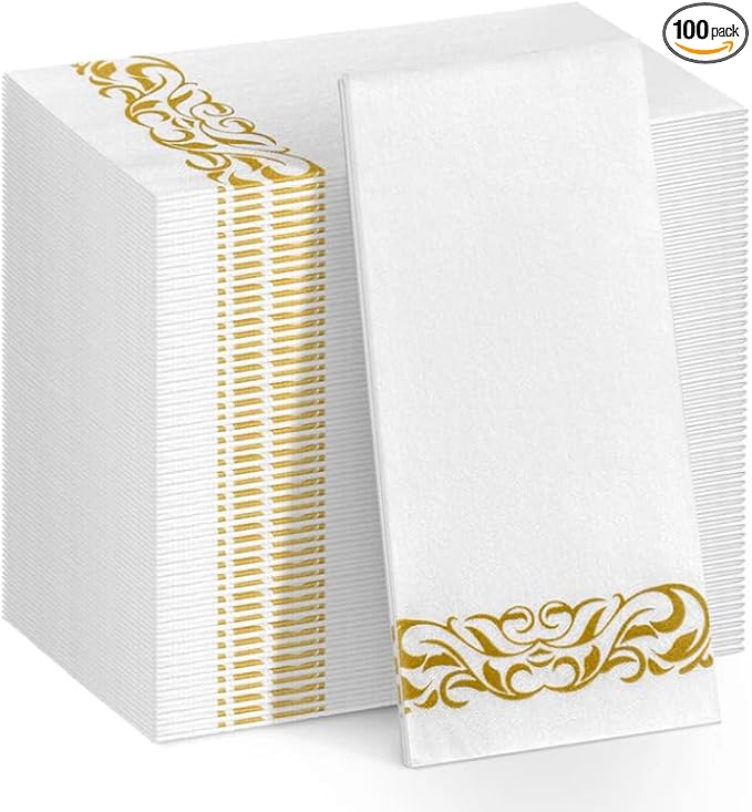 100 Pack Napkins Disposable Guest Towels Linen-Feel Decorative Napkins Soft and Absorbent Dinner Paper Hand Towels for Bathroom Party Powder Room Hotel Fancy Restaurant (100 Gold Floral)