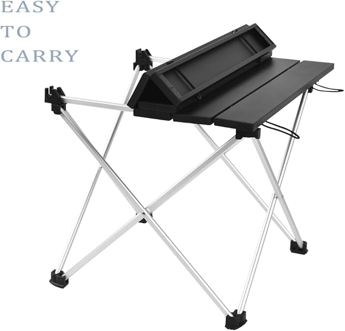 Grope Portable Camping Table with Aluminum Table Top, Folding Beach Table Easy to Carry, Prefect for Outdoor, Picnic, BBQ, Cooking, Festival, Beach, Home Use (Black-S)