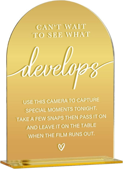 Acrylic Wedding Sign, Bridal Shower Decorations, Can't Wait to See What Develops Sign for Ceremony, Modern Font Table Signs, Gold Mirror Arched Acrylic Tabletop Signs for Wedding Reception