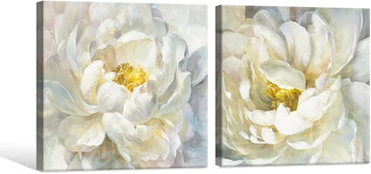 SEVEN WALL ARTS Peony Flower Canvas Wall Art Peonies Floral Pictures Set Abstract White and Yellow Blossom Paintings for Bedroom Living Room Home Office Decor 24"x24"x2pcs