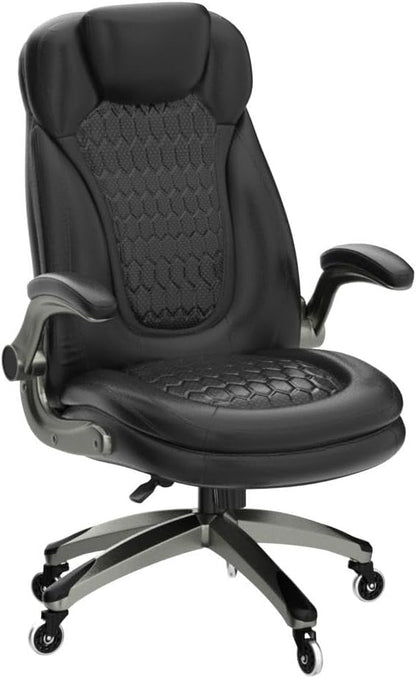 Executive Office Chair-Ergonomic Computer Desk Chair, High Back Leather Chair with Padded Flip-up Arms, Swivel Home Office Chair Upgraded Caster-Black