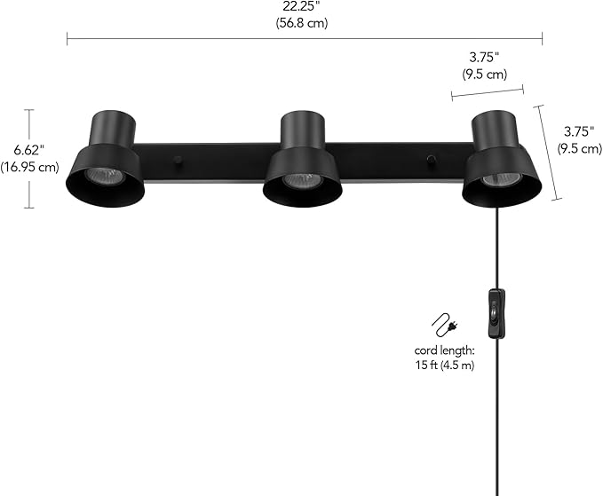 GLOBE Electric 64000115 22" 3-Light Plug-in Track Lighting, Matte Black, Adjustable Pivoting Heads, 15-Foot Cord, in-Line on/Off Rocker Switch, Modern Ceiling Light Fixture for Apartments or Renters