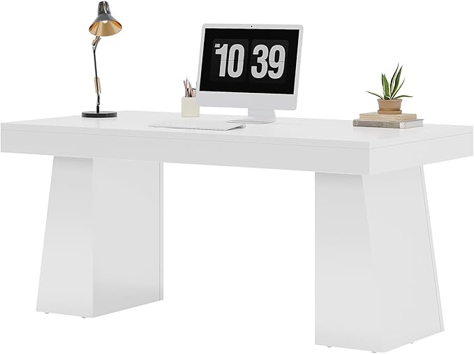 Tribesigns 55-Inch Executive Desk, Large Wood Office Computer Desk with Double Pedestal, Modern Minimalist Workstations Writing Table Conference Table Furniture for Home Office, White