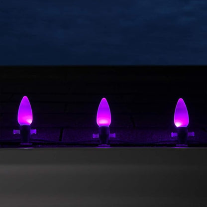 Wintergreen Lighting OptiCore Commercial Outdoor C9 LED Halloween Lights – 25 Lights, 25 ft Purple Smooth/Opaque String, 18 Gauge, SPT1, Spare Fuse