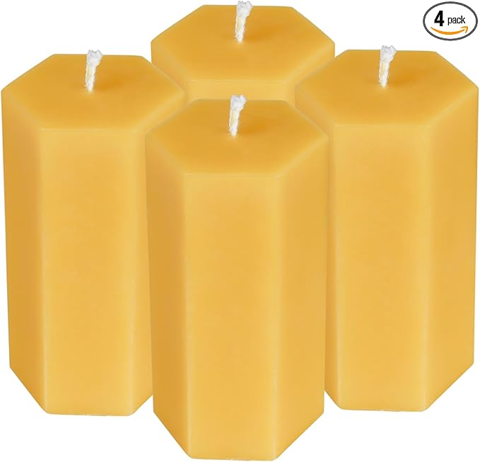 4PCS Hexagon Beeswax Pillar Candles,Large Handmade Pure Beeswax Candle,Unscented Smokeless，2 * 4",18H, Raw