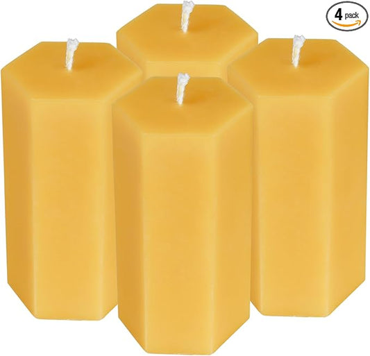 4PCS Hexagon Beeswax Pillar Candles,Large Handmade Pure Beeswax Candle,Unscented Smokeless，2 * 4",18H, Raw
