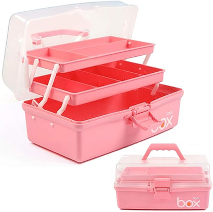 12in 3-Layer Plastic Craft Organizers and Storage, Portable Folding Tackle Box with Handle & Adjustable Dividers, Multipurpose Case for Sewing, Art Supplies, Medicine, Tools (Pink)