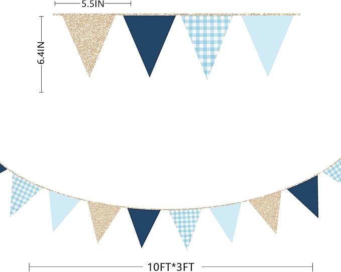 Navy Blue Champagne Gold Dusty Blue Buffalo Plaid Pennant Banner Flag Hanging Glitter Paper Triangle Bunting for Birthday Baby Shower Wedding Bachelor Retirement Nautical Party Decorations Supplies