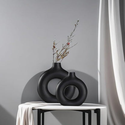 Modern Donut-Shaped Decorative Vases, Handmade Minimalist Boho ins Style, Modern Vase for Home Decor for Wedding Dinner Table Party Living Room Office Bedroom (Black, Large + Small)
