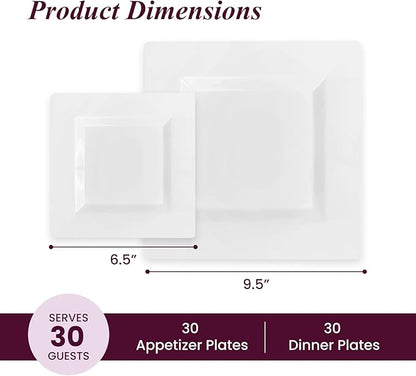 Aya's 60ct White Square Disposable Plates - Heavy Duty Plastic Party Plates for Christmas, Thanksgiving (30 Dinner & 30 Salad)