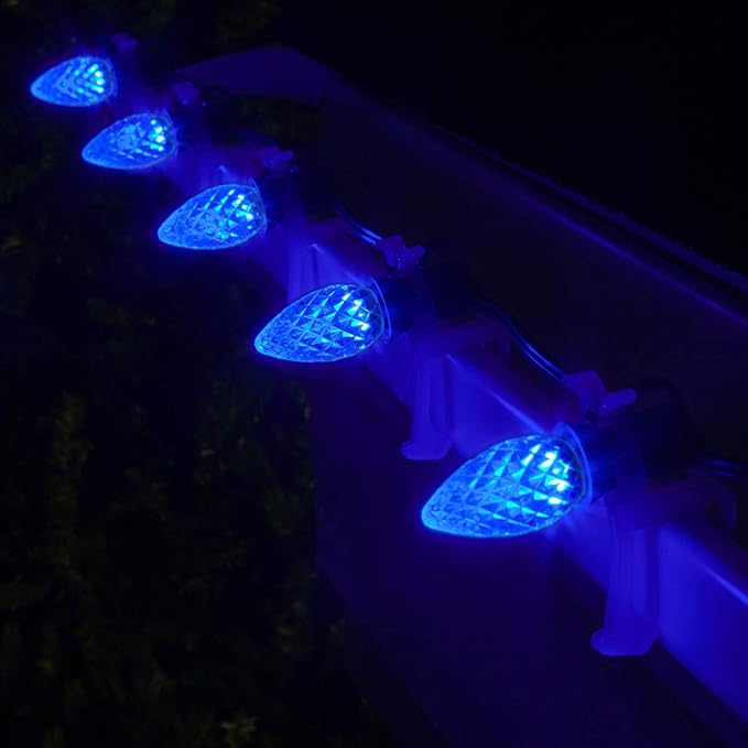 C7 Blue OptiCore Commercial Christmas Lights – LED Bulbs for Outdoor Holiday Party; Green Wire (100 Lights, 100 ft, Blue)