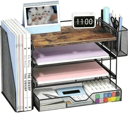 OPNICE Desk Organizers and Accessories, 4-Tier Desktop File Organizer with Drawer and Pen Holders, Office Desk Accessories Workspace Organizers for Office Supplies (Brown)