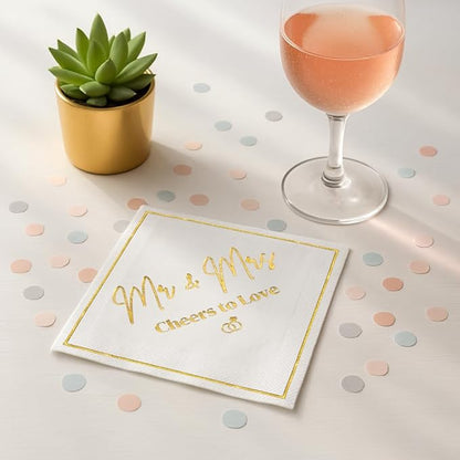 Mr and Mrs Wedding Napkins, Elegant Gold Foil White Paper Cocktail Napkin, Disposable Decorations for Weddings, Receptions, Bridal Showers, Bar, 50 Pack