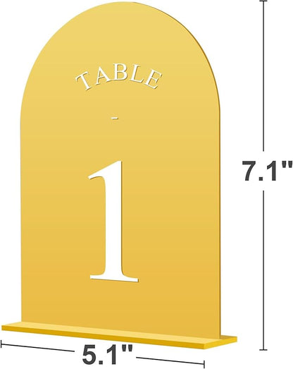 JOYIT Arch Wedding Table Numbers 1-50 with Stands – 5" X 7" Acrylic Mirrored Gold Table Number Holders, Perfect for Wedding Receptions, Parties, Anniversaries, and Events