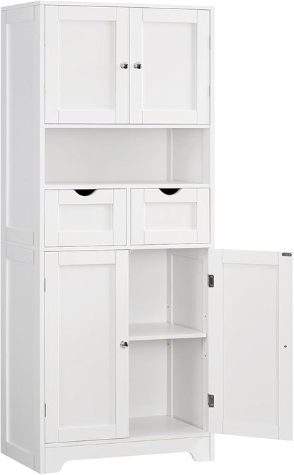Iwell Tall Storage Cabinet with Adjustable Shelf & 2 Drawers, Kitchen Pantry Cabinet, Pantry Cabinets with 4 Doors, Tall Cabinets for Living Room, Kitchen, Bathroom, White