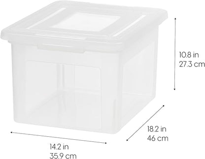 IRIS USA File Box, Plastic File Organizer with Lids for Letter/Legal File, Portable Document Box For Moving, Storage Bin with Durable and Secure Lid, Stackable Nestable BPA-Free, Clear 35 Qt. 4 Pack