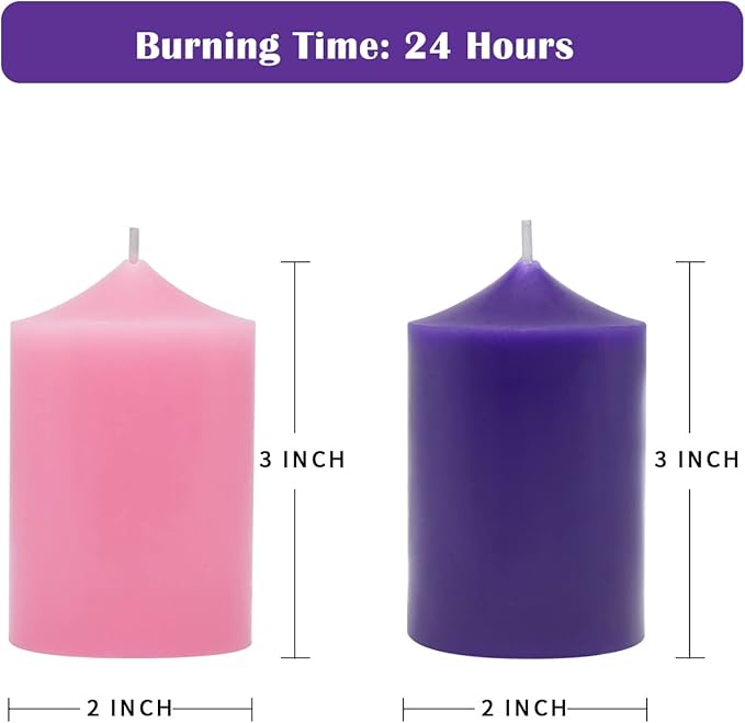 Set of 4 2x3 Inch Advent Pillar Candles, Dripless Unscented Purple and Pink Candles for Christmas Advent Holiday Season - 24 Hours Burn Time