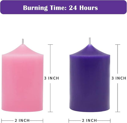 Set of 4 2x3 Inch Advent Pillar Candles, Dripless Unscented Purple and Pink Candles for Christmas Advent Holiday Season - 24 Hours Burn Time
