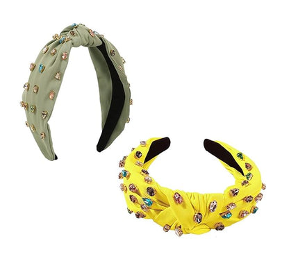 JILIYUPA Carnival Headband Rhinestone Cross Knotted Turban Hair Hoop Carnival Crystal Twist Velvet Wide Hairband Party Hair Accessory (Yellow, light green)