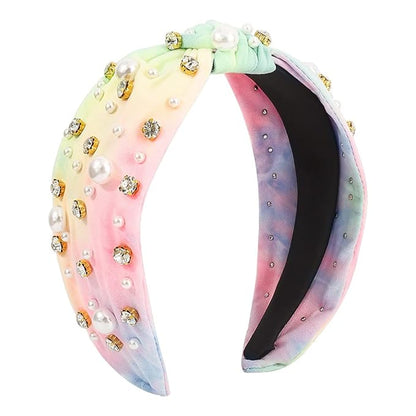 JILIYUPA Pearl Rhinestone Tweed Headband, White blue, Sparkle Luxury Knotted Vintage Embellished Crystal Rhinestone Hairband for Women and Girls