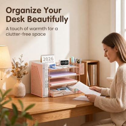 OPNICE Desk Organizers and Accessories, 4-Tier Desktop File Organizer with Drawer and Pen Holders, Office Desk Accessories Workspace Organizers for Office Supplies (Rose Gold)