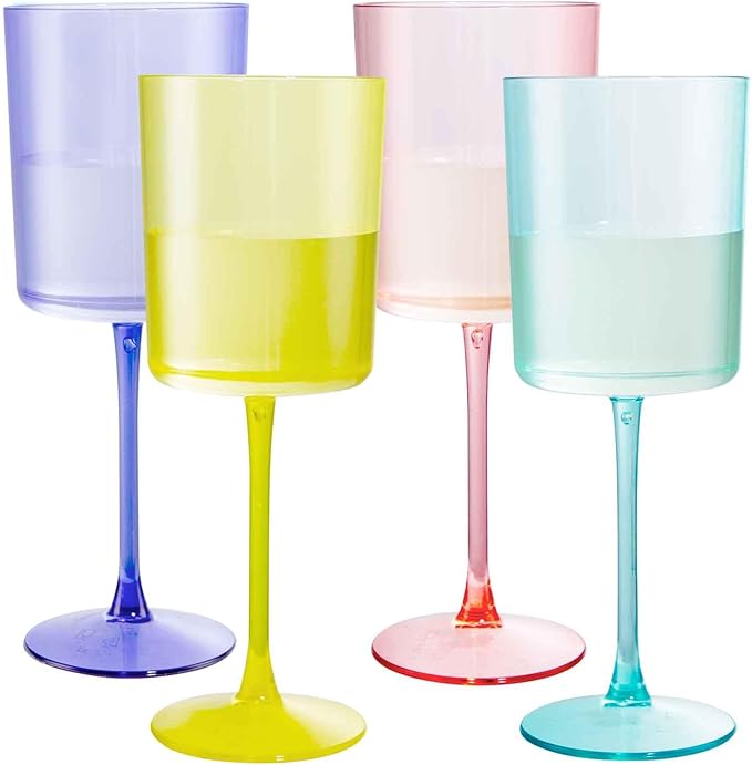 Ciaell 4 Pack Plastic Drinking Glasses - 10 Oz Plastic Glasses with Stem - Disposable Glasses Perfect for Parties & Weddings & Poolside & Outdoors & Camping (Pink Green Purple Yellow)