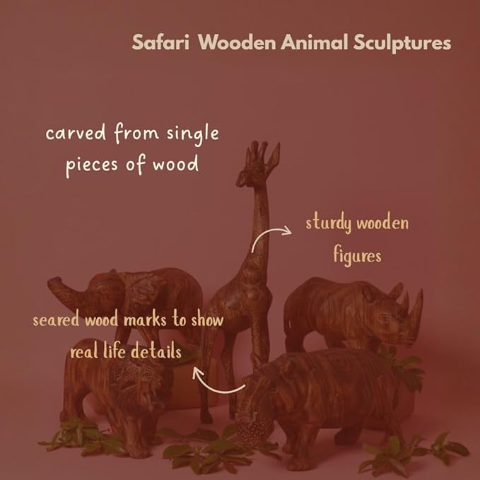 Large Wood Animal Sculptures, Giraffe, Hippo, Rhino, Lion, Elephant, Statues, Figurines, Home Decor Accents, Living Room, Office, Desk, Coffee Table, Book Shelf, Hand Carved, African, Brown