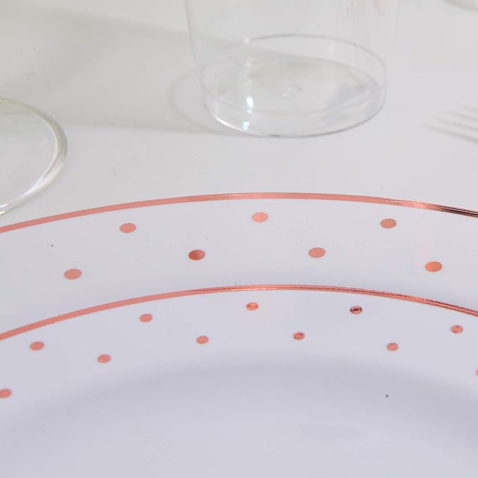 WELLIFE 350 PCS Rose Gold Plastic Plates, Disposable Rose Gold Plates, Includes: 50 Dinner Plate, 50 Dessert Plate, 50 Forks, 50 Knives, 50 Spoons, 50 Cups, 50 Dot Napkins for Weddings and Party