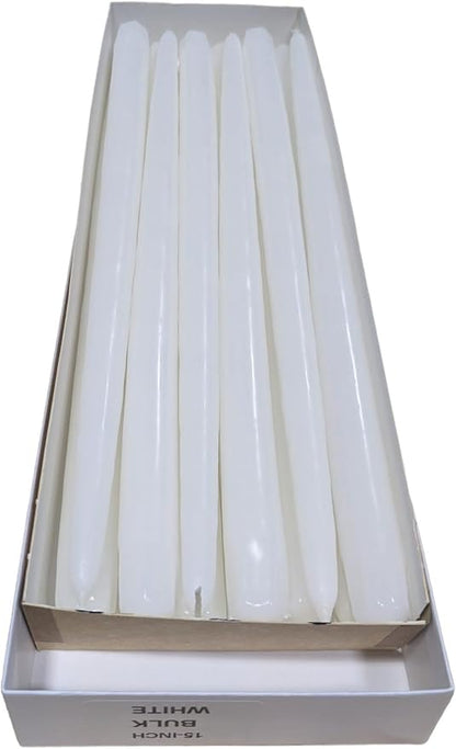 D'light Online Very Tall White Taper Candles, Premium Quality Candles Hand-Dipped, Dripless, Smokeless Paraffin Wax and Unwrapped Bulk Pack for Events - Set of 12 (15 Inch, White)