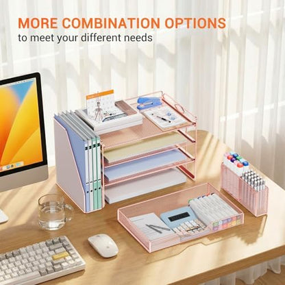 OPNICE Desk Organizers and Accessories, 4-Tier Desktop File Organizer with Drawer and Pen Holders, Office Desk Accessories Workspace Organizers for Office Supplies (Rose Gold)