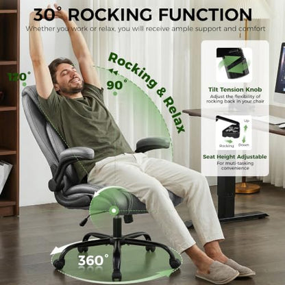 Office Chair, Ergonomic Executive Desk Chair with Lumbar Support for Lower Back Pain Relief, Padded Flip-Up Armrests, Leather Home Office Chair, Gray