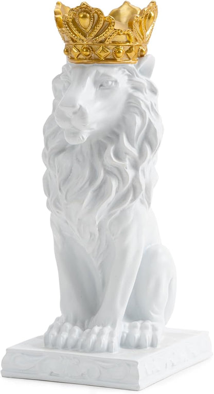 Lion Statue Decor 9 inch Resin, White Decor Accent Crown Lion Statue Man Home Office Desk Table Shelf Decoration, Men Father Leo Gift