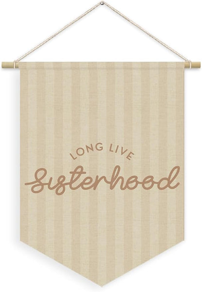 Girls Room Decor, Long Live Sisterhood Girl Nursery Linen Canvas Banner, Neutral Striped Wall Hanging Pennant Flag Banner for Girl Nursery Kids Room Bedroom Dorm Playroom Decor, 15x11in