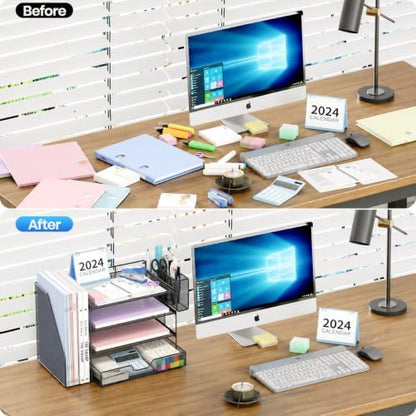 OPNICE Desk Organizers and Accessories, 4-Tier Desktop File Organizer with Drawer and Pen Holders, Office Desk Accessories Workspace Organizers for Office Supplies (Soft Black)