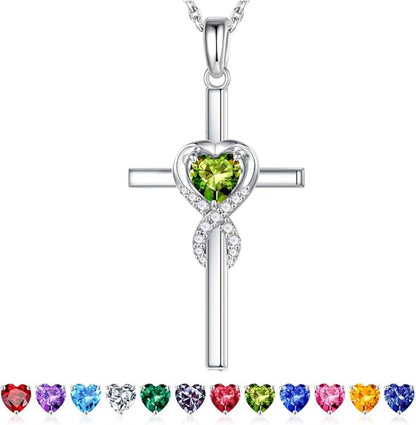 Iefil Cross Necklace for Women - 925 Sterling Silver Birthstone Necklace Jewelry Gifts for Women Wife