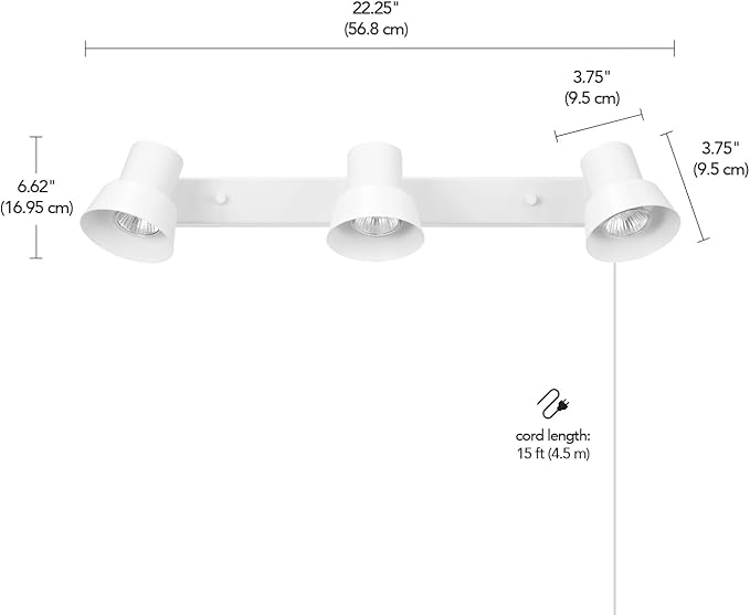 GLOBE Electric 64000116 22" 3-Light Plug-in Track Lighting, Matte White, Pivoting Heads, 15-Foot Cord, in-Line on/Off Rocker Switch, Modern Ceiling Light Fixture for Apartment or Renters