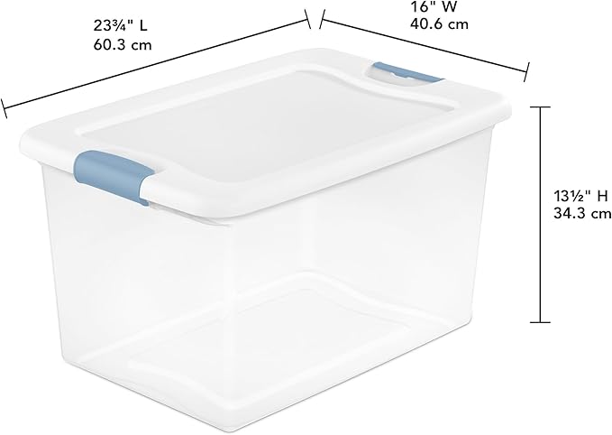 Sterilite 12-Pack 64 Quart Latching Box, Clear Plastic Storage Organizer Bins with White Lids - Large Stackable Containers for Home Bedroom, Dorm Room, and Closet Organization