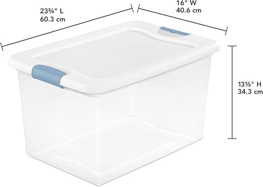 Sterilite 12-Pack 64 Quart Latching Box, Clear Plastic Storage Organizer Bins with White Lids - Large Stackable Containers for Home Bedroom, Dorm Room, and Closet Organization