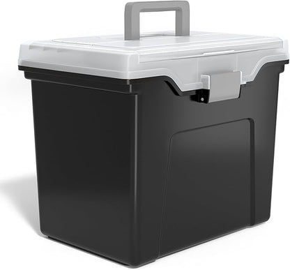 STAPLES File Folder Tote, Portable Filing Box for Letter SIze Hanging Folders, Security Latch & Built-In Lid Organizer, Black/Clear