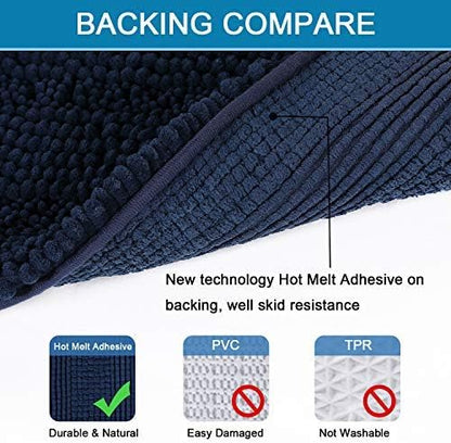 H.VERSAILTEX 2 Piece Bathroom Set - Super Absorbent Chenille Striped Bath Mats, Non Skid, Machine Washable - Navy, 47 x 17 Plus 17 x 24 Inches