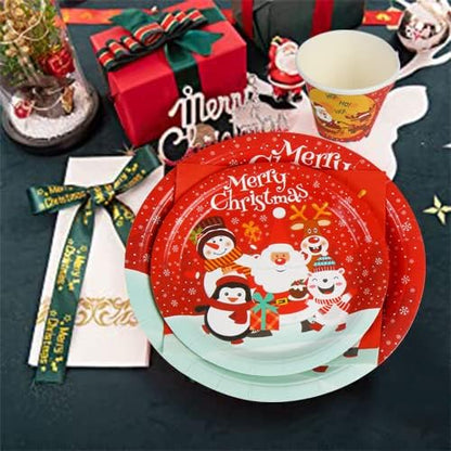 CCINEE Christmas Party Supplies Paper Plates, 96pcs Table Decorations Christmas Disposable Dinnerware Set Includes Paper Plates Napkins Cup Serves 24 for Xmas Holiday Party Supplies