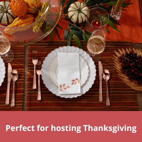 By Madee HEAVYWEIGHT 100 Pc Fancy Plastic Plates for Thanksgiving Dinner – Ivory Scalloped Plates with Rose Gold Trim 50 Dinner & 50 Dessert Disposable for Fall Party & Friendsgiving (50 Guests)