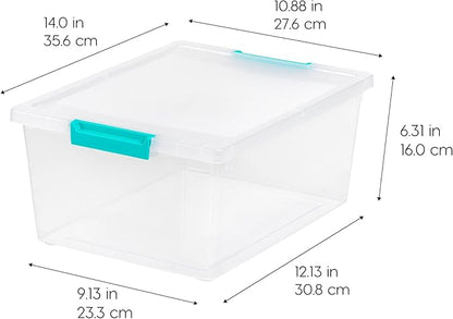 IRIS USA 12 Qt. Craft Storage Bins with Lids, 4-Pack, |Made in USA|, Clip Box, Medium Plastic Sensory Bin Tote Organizer Containers for Art Supplies, Paper, & Office, Stackable - Clear/Seafoam Blue